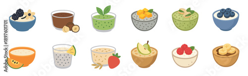 Collection of healthy breakfast food icons including oatmeal bowls and fruit smoothies with various toppings like berries, nuts, and mango, presented in a simple flat illustration style