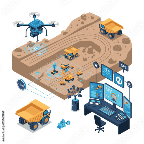 Futuristic mining operation with autonomous vehicles and drone surveillance.