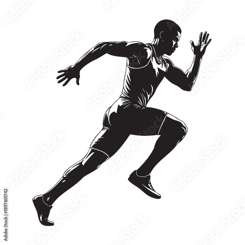 Silhouette of athlete sprinting in dynamic running pose isolated