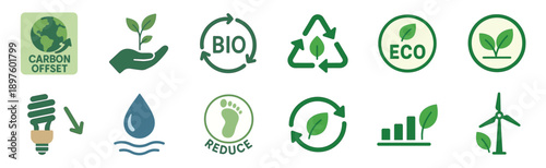 Collection of flat environmental sustainability vector icons representing concepts like carbon offset, recycling, bio, eco, and renewable energy for green living and conservation