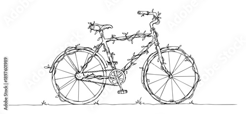 bicycle wrapped in vines in eco friendly line art