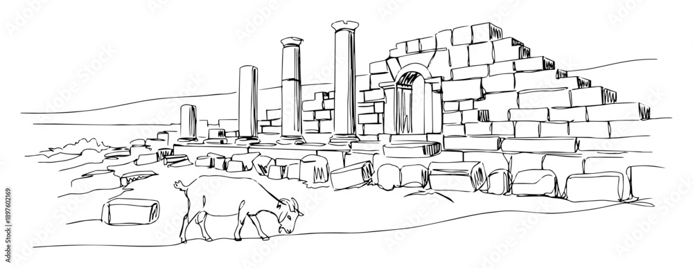 Obraz premium greek ruins with columns and stone blocks in line art