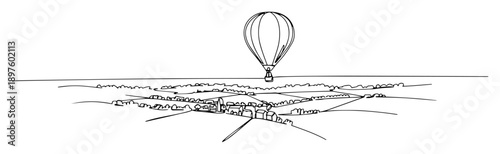 hot air balloon flying above city in minimalist landscape