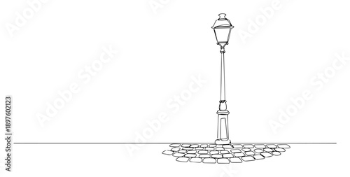street lamp on cobblestone pavement in line art