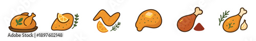 Set of cooked chicken dish illustrations showing various roasted parts like whole bird, breast, wing, thigh, and drumstick with herbs and citrus garnish in a cute cartoon style