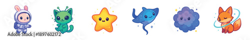 Cute collection of six kawaii space-themed characters including an astronaut rabbit, alien kitten, smiling star, manta ray, nebula, and a celestial fox in a sticker style