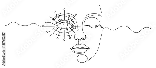 cybernetic eye integrated with human face in line art