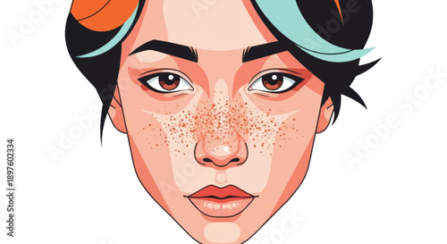 Closeup stylized portrait of a freckled woman with colorful hair and bold makeup.