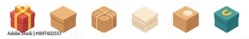 Collection of six different isometric box icons featuring a red gift with a yellow bow, cardboard parcels, and colorful containers for shipping and storage in a flat vector style