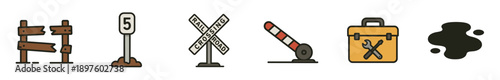 Set of colorful railway and construction icons including a broken fence, railroad crossing sign, barrier gate, toolbox, and an oil spill, illustrated in a simple flat line art style