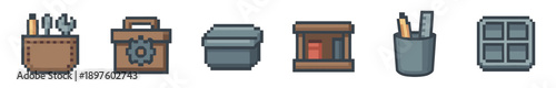 Set of pixel art icons featuring various containers and tools for a retro video game interface, including a toolbox, quiver, cabinet, and pencil holder in a flat 8-bit style