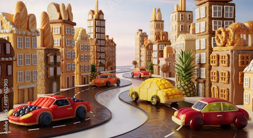 Whimsical candy cityscape with gingerbread houses, chocolate roads, and sweet cars in imaginative edible urban scene