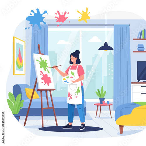 Creative Artist Painting Vibrant Artwork Indoors Enjoying Leisure Time