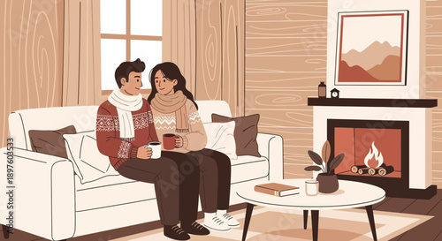 Cozy Couple Enjoys Warmth By Fireside And Hot Beverages Together