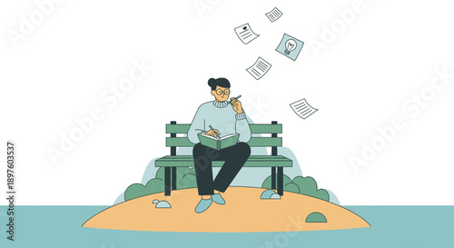 Creative Person Writing And Thinking Ideas On A Bench Outdoors