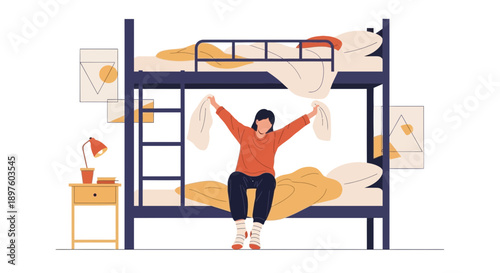 Cozy Dorm Room Scene With Person Making Bunk Bed