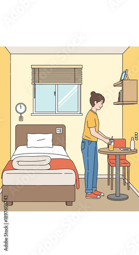 Cozy Minimalist Dorm Room With A Person Preparing For The Day