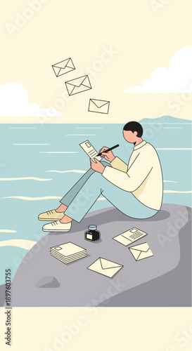 Creative Writer Penning Letters By The Serene Sea Landscape Illustration