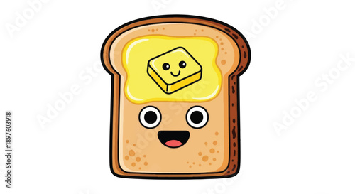 Playful slice of toast with butter smiling face in bright cartoon style.