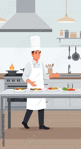 Culinary Excellence Showcase Chef Presenting Gourmet Dishes in Professional Kitchen