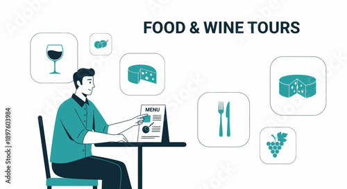 Culinary Exploration Person Browsing Menu Icons Suggesting Food and Wine Adventures