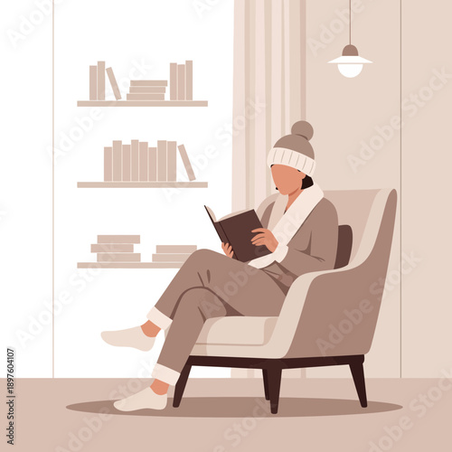 Cozy Winter Reading Session In Comfortable Loungewear Near Bookshelf