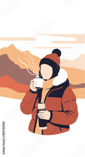 Cozy Winter Scene Person Enjoying Warm Beverage Outdoors Amidst Mountains