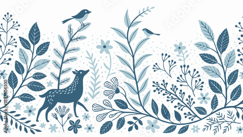 Whimsical forest scene with deer and birds in blue hues