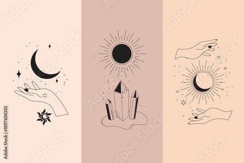 Boho Mystical Illustration Set with Celestial Moon Sun Crystals and Magic Hands