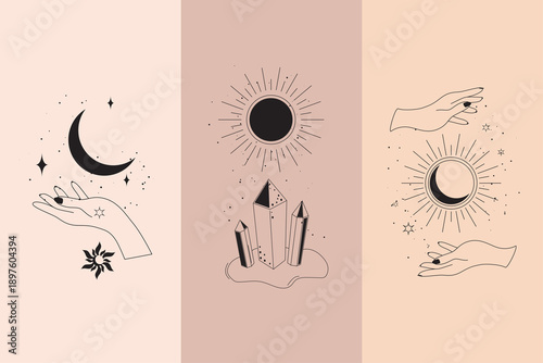 фотографія Boho Mystical Illustration Set with Celestial Moon Sun Crystals and Magic Hands