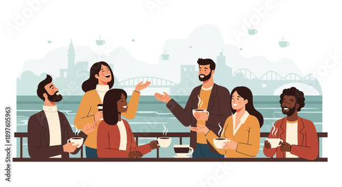Diverse Friends Enjoying Coffee and Conversation Outdoors With City Skyline