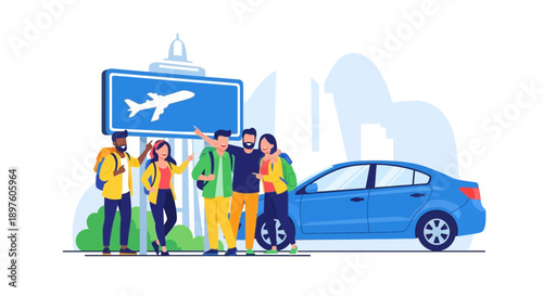 Diverse Friends Gather For Airport Transportation By Car