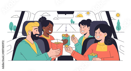 Diverse Friends Enjoying Snacks During A Road Trip Adventure