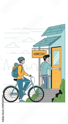 Delivery Cyclist Arriving At A Homestay For Guest Check-in Service