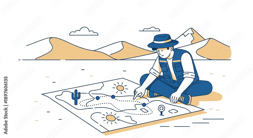 Fototapeta premium Desert Explorer Planning Adventure Using Detailed Terrain Map