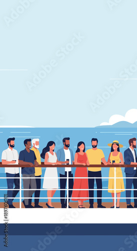 Diverse Group Enjoying Scenic Cruise Ship Deck Views