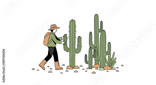 Desert Explorer Admiring Giant Cacti in Arid Landscape Illustration