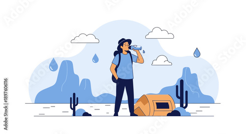 Desert Explorer Hydrating Amidst Sparse Rainfall And Dry Landscape