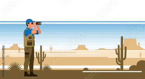 Desert Explorer Observing Distant Horizons Through Binoculars