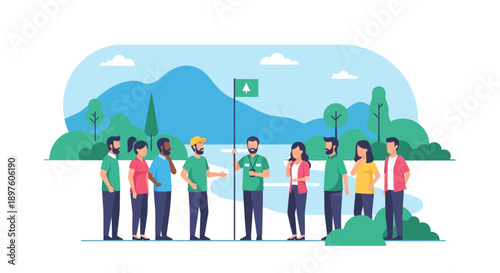 Diverse Group Gathering Around Flag In Scenic Natural Landscape