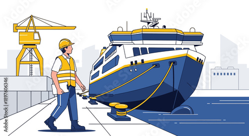 Dockworker Inspects Large Ferry Boat by the Harbor Crane