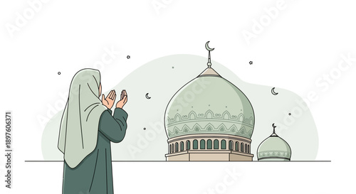 Devout Muslim Woman Offers Prayer Before Grand Mosque Domes