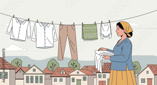 Domestic Scene Of Woman Hanging Laundry Outside Over A Town Landscape