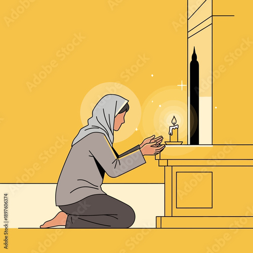 Devout Muslim Woman Kneeling in Prayer Near Sacred Structure