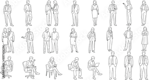 Business people outline vector illustration set of men and women standing sitting walking poses for corporate character design stock use