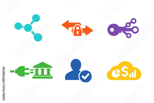 Open banking data sharing icon set with six single-color vector icons. Ideal for fintech platforms, banking APIs, dashboards, and modern UI design.