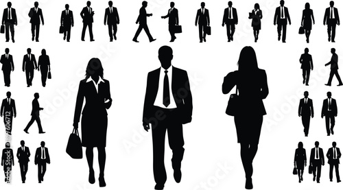 Business people silhouettes vector set, men and women walking standing and shaking hands, corporate team collection isolated on white background