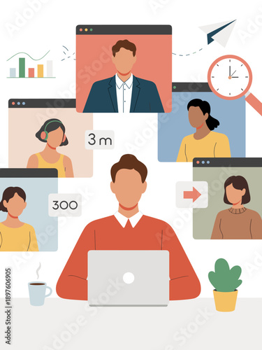 Diverse team video conference call on laptop computer screen for remote work online meeting modern illustration corporate business people communication collaboration presentation teamwork technology c