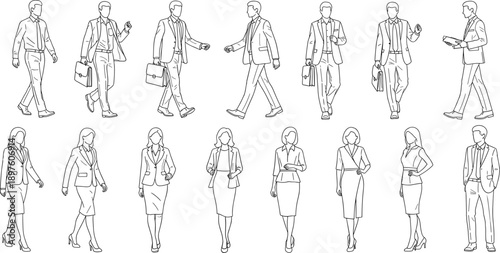 Business professionals walking in various poses, men and women office workers line art vector illustration set isolated on white background