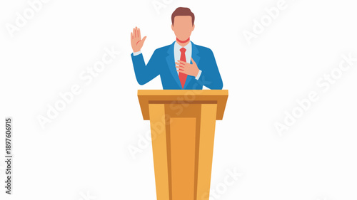 Formal Businessman Taking Oath on Podium Giving Speech Public Speaking Political Announcement Legal Testimony Witness Stand Character Illustration for Corporate Presentation Government Politics Law Il